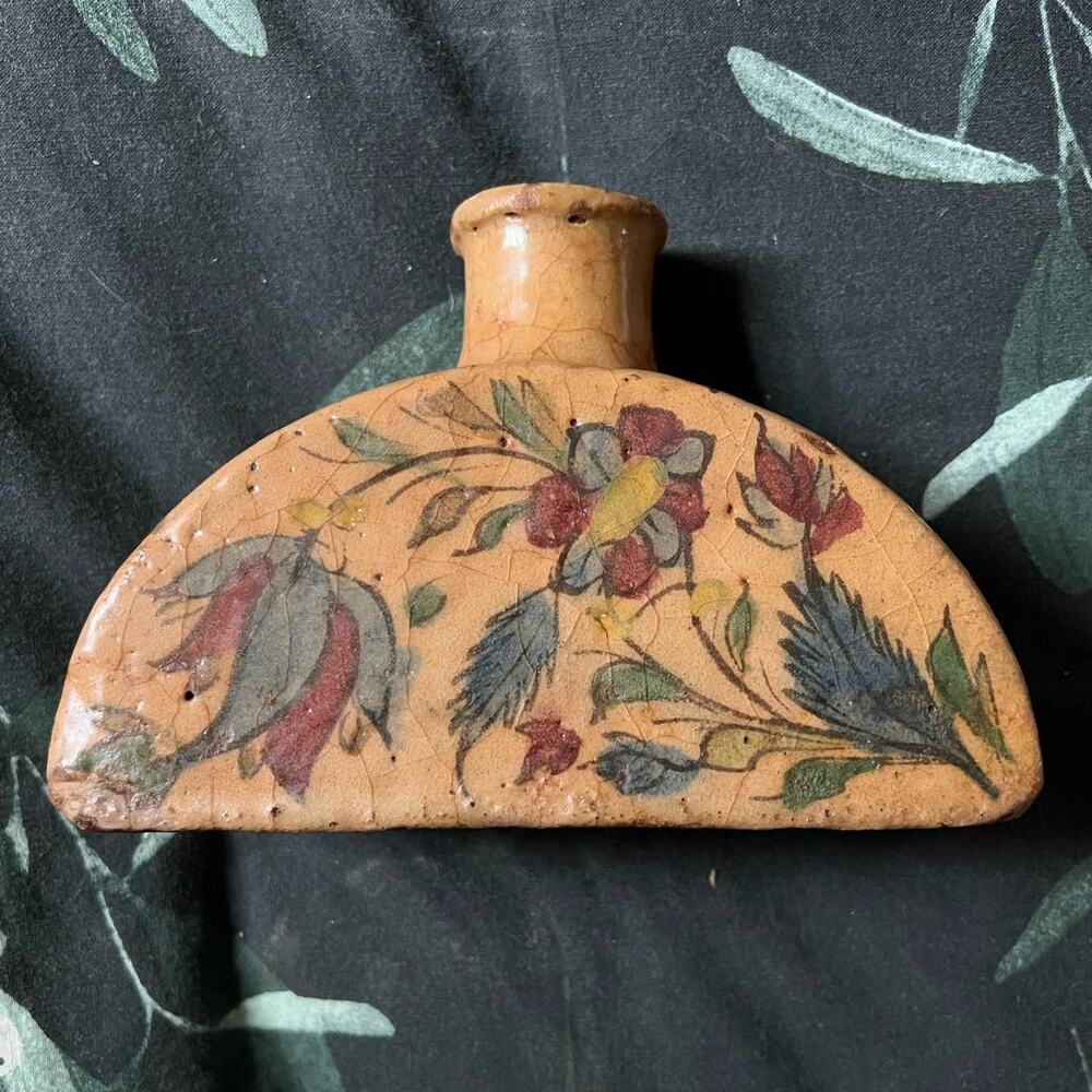 Antique Hand-Painted Iznik Quajar Vase - Half-Moon with Fish and Flowers